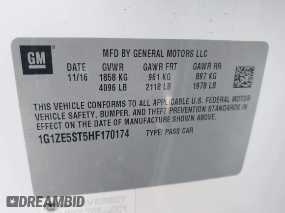2017 Chevrolet Malibu LT with VIN 1G1ZE5ST5HF170174, listed as a IAAI auction lot 41933671 with 107,179 mi miles and . Bid and sale history available at carsss.com. Image 9.