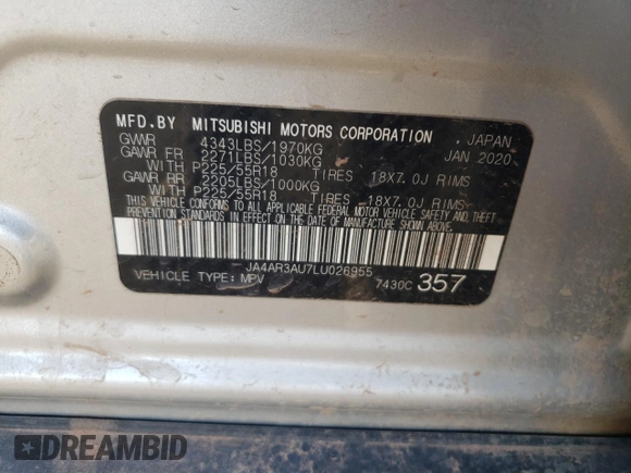 2020 Mitsubishi Outlander Sport ES 2.0 with VIN JA4AR3AU7LU026955, listed as a Copart auction lot 72641944 with 95,373 mi miles and Salvage Title. Bid and sale history available at carsss.com. Image 14.