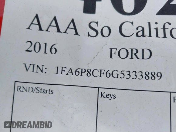 2016 Ford Mustang GT with VIN 1FA6P8CF6G5333889, listed as a IAAI auction lot 40209781 with 1 mi miles. Bid and sale history available at carsss.com. Image 9.