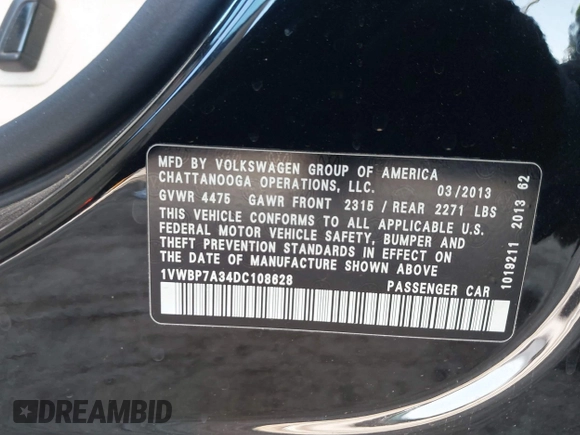 2013 Volkswagen Passat SE с VIN 1VWBP7A34DC108628, выставлен на аукционе IAAI как лот 42086759 с пробегом 148 321 миль миль и . История ставок и продаж доступна на DreamBid. Изображение 9.