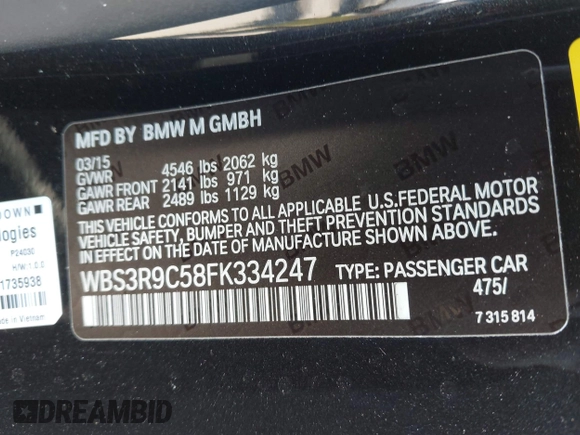 2015 BMW M4 with VIN WBS3R9C58FK334247, listed as a IAAI auction lot 41940211 with 125,881 mi miles. Bid and sale history available at carsss.com. Image 9.