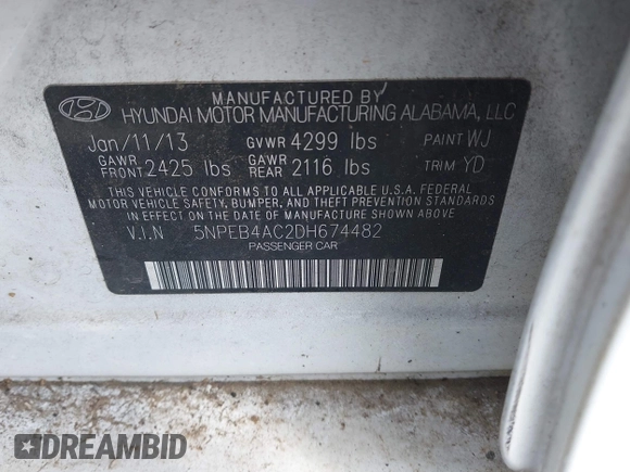 2013 Hyundai Sonata GLS with VIN 5NPEB4AC2DH674482, listed as a IAAI auction lot 42487657 with 176,264 mi miles and . Bid and sale history available at DreamBid. Image 9.