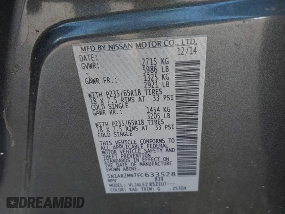 2015 Nissan Pathfinder S with VIN 5N1AR2MN7FC633528, listed as a IAAI auction lot 41905726 with 159,525 mi miles and . Bid and sale history available at DreamBid. Image 9.