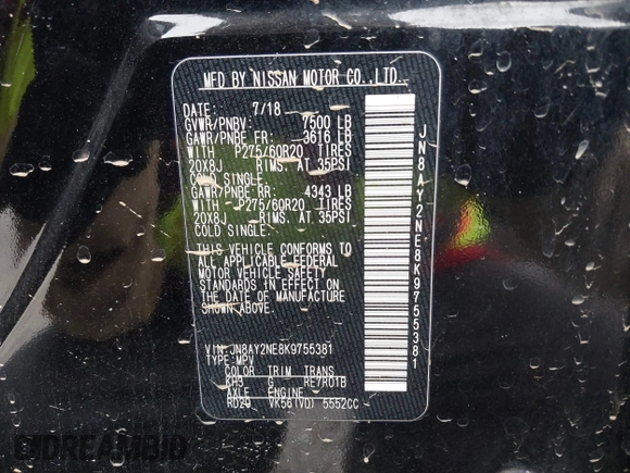 2019 Nissan Armada Platinum with VIN JN8AY2NE8K9755381, listed as a IAAI auction lot 41440130 with 137,026 mi miles. Bid and sale history available at carsss.com. Image 9.