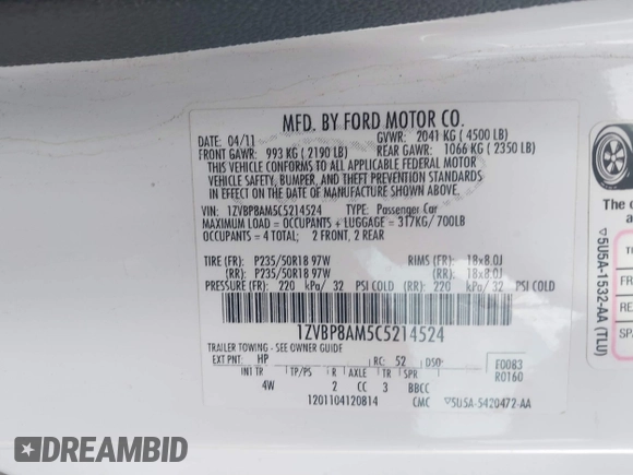 2012 Ford Mustang V6 Premium with VIN 1ZVBP8AM5C5214524, listed as a IAAI auction lot 41205445 with 146,218 mi miles. Bid and sale history available at carsss.com. Image 9.