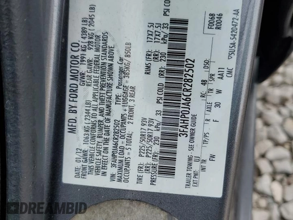 2012 Ford Fusion SEL with VIN 3FAHP0JA6CR282502, listed as a Copart auction lot 50956415 with 148,722 mi miles and Salvage Title. Bid and sale history available at carsss.com. Image 12.