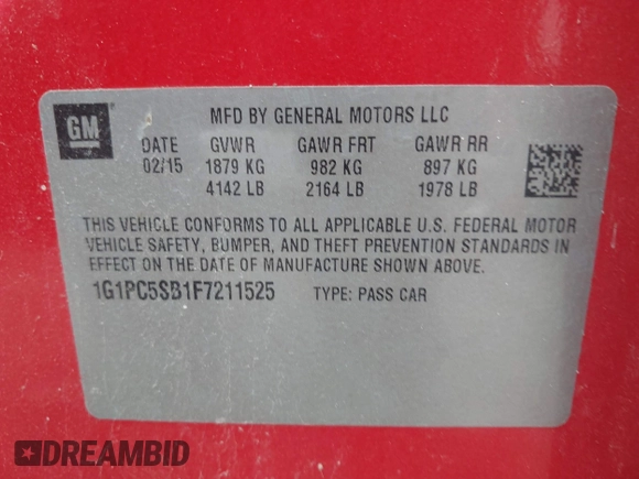 2015 Chevrolet Cruze LT with VIN 1G1PC5SB1F7211525, listed as a IAAI auction lot 42240655 with 161,194 mi miles and . Bid and sale history available at DreamBid. Image 9.