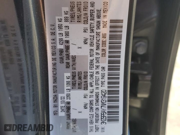 2022 Mazda 3 2.5 Turbo z VIN 3MZBPBAY7NM319420, wystawiony jako Copart lot #53494754 z przebiegiem 15 063 mil mil oraz Szkoda całkowita • Salvage title. Historia ofert i sprzedaży dostępna na DreamBid. Obrazek 12.