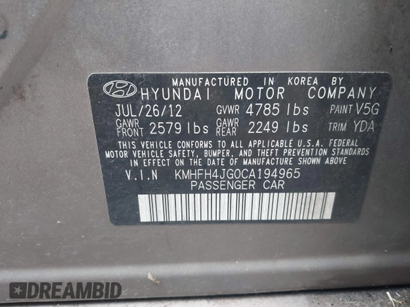 2012 Hyundai Azera с VIN KMHFH4JG0CA194965, выставлен на аукционе IAAI как лот 42543539 с пробегом 276 511 миль миль и . История ставок и продаж доступна на DreamBid. Изображение 9.