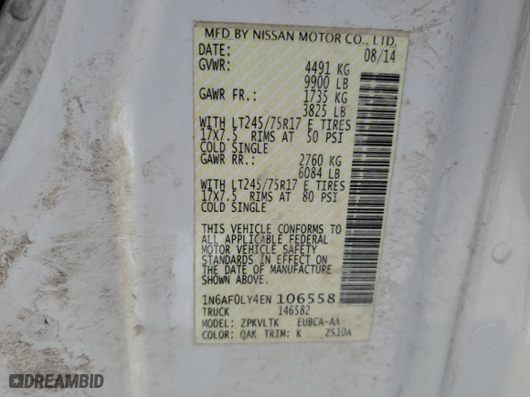 2014 Nissan NV SV with VIN 1N6AF0LY4EN106558, listed as a Copart auction lot 44768825 with 0 mi miles and Clean Title. Bid and sale history available at carsss.com. Image 13.