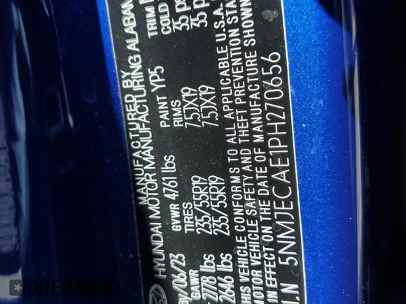 2023 Hyundai Tucson Limited with VIN 5NMJECAE1PH270656, listed as a Copart auction lot 60843895 with 8,743 mi miles and Salvage title. Bid and sale history available at DreamBid. Image 12.