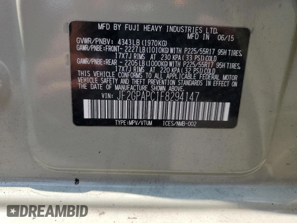 2015 Subaru Crosstrek Limited with VIN JF2GPAPC1F8294147, listed as a Copart auction lot 64411425 with 116,077 mi miles and Salvage title. Bid and sale history available at DreamBid. Image 12.