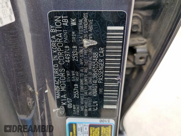 2017 Kia Optima LX with VIN KNAGT4L38H5155488, listed as a Copart auction lot 55551865 with 165,965 mi miles and Salvage title. Bid and sale history available at DreamBid. Image 12.