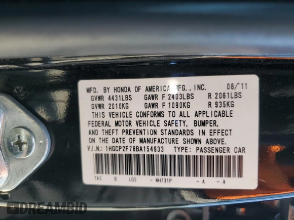 2011 Honda Accord EX с VIN 1HGCP2F78BA154933, выставлен на аукционе Copart как лот 56934585 с пробегом 148 862 миль миль и Списание • Salvage title. История ставок и продаж доступна на DreamBid. Изображение 12.
