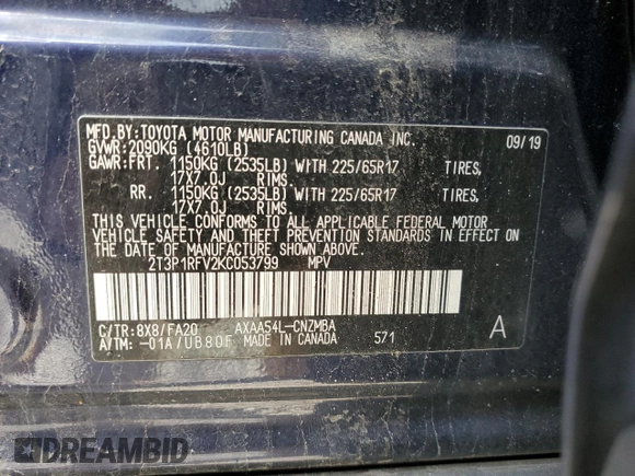 2019 Toyota RAV4 XLE with VIN 2T3P1RFV2KC053799, listed as a Copart auction lot 52495645 with 36,011 mi miles and Salvage Title. Bid and sale history available at carsss.com. Image 13.