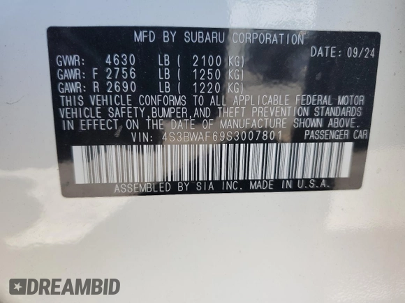 2025 Subaru Legacy Premium with VIN 4S3BWAF69S3007801, listed as a Copart auction lot 57688655 with 1,762 mi miles and Salvage title. Bid and sale history available at DreamBid. Image 12.