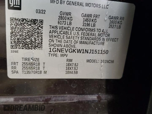 2022 Chevrolet Traverse LT Cloth z VIN 1GNEVGKW1NJ151150, wystawiony jako Copart lot #55444375 z przebiegiem 31 076 mil mil oraz Szkoda całkowita • Salvage title. Historia ofert i sprzedaży dostępna na DreamBid. Obrazek 14.