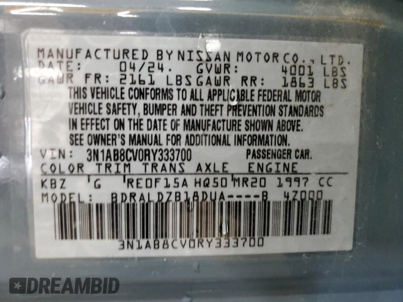 2024 Nissan Sentra SV with VIN 3N1AB8CV0RY333700, listed as a Copart auction lot 66105155 with 25,655 mi miles and Clean title. Bid and sale history available at DreamBid. Image 12.