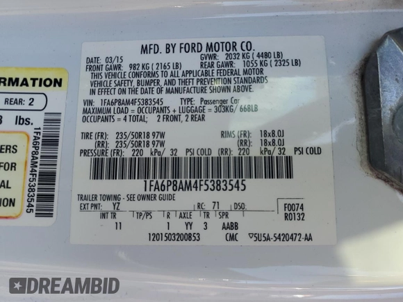 2015 Ford Mustang V6 with VIN 1FA6P8AM4F5383545, listed as a Copart auction lot 51292175 with 88,673 mi miles and Salvage title. Bid and sale history available at DreamBid. Image 12.