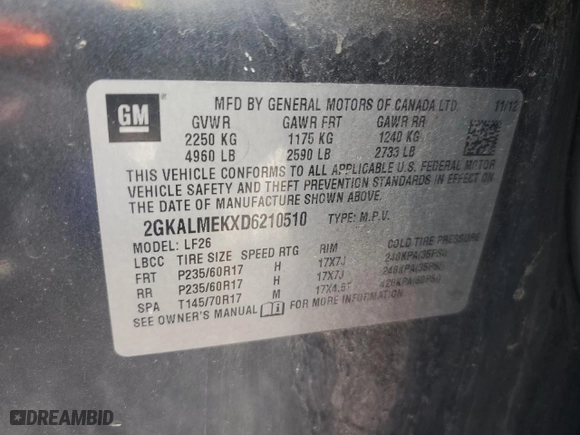 2013 GMC Terrain SLE with VIN 2GKALMEKXD6210510, listed as a Copart auction lot 51635155 with 172,023 mi miles and Salvage Title. Bid and sale history available at carsss.com. Image 16.