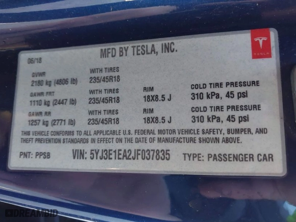 2018 Tesla Model 3 Long Range Battery with VIN 5YJ3E1EA2JF037835, listed as a IAAI auction lot 41667875 with 106,528 mi miles. Bid and sale history available at carsss.com. Image 9.