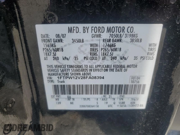 2008 Ford F-150 XLT с VIN 1FTPW12V28FA08394, выставлен на аукционе Copart как лот 57240655 с пробегом 166 974 миль миль и Списание • Salvage title. История ставок и продаж доступна на DreamBid. Изображение 12.