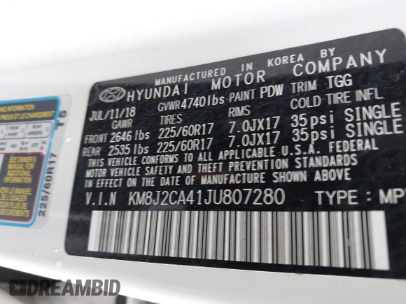 2018 Hyundai Tucson SE z VIN KM8J2CA41JU807280, wystawiony jako IAAI lot #42301977 z przebiegiem 62 415 mil mil oraz . Historia ofert i sprzedaży dostępna na DreamBid. Obrazek 9.