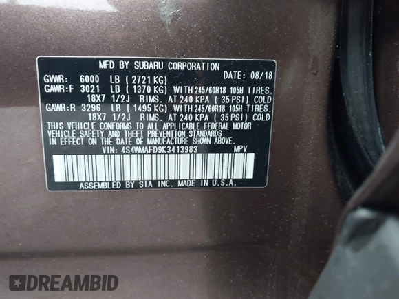 2019 Subaru Ascent Premium with VIN 4S4WMAFD9K3413983, listed as a IAAI auction lot 42257670 with 64,087 mi miles and . Bid and sale history available at DreamBid. Image 9.