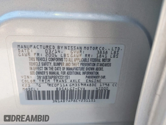 2014 Nissan Sentra S with VIN 3N1AB7AP8EY231151, listed as a IAAI auction lot 42201365 with 156,272 mi miles and . Bid and sale history available at DreamBid. Image 9.