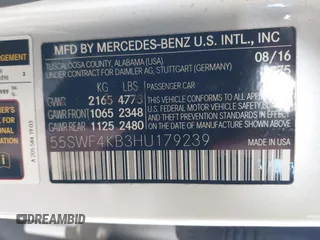 2017 Mercedes-Benz C 300 with VIN 55SWF4KB3HU179239, listed as a IAAI auction lot 42100360 with 121,396 mi miles and . Bid and sale history available at DreamBid. Image 9.