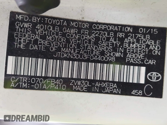 2015 Toyota Prius Four with VIN JTDKN3DU3F0440098, listed as a IAAI auction lot 41986079 with 187,651 mi miles. Bid and sale history available at carsss.com. Image 9.