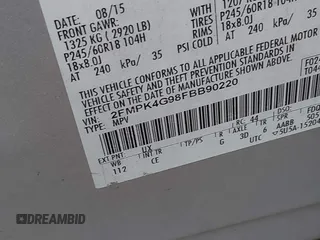 2015 Ford Edge SE с VIN 2FMPK4G98FBB90220, выставлен на аукционе IAAI как лот 42622601 с пробегом 134 758 миль миль и . История ставок и продаж доступна на DreamBid. Изображение 9.