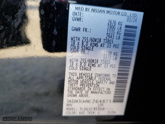 2024 Nissan Pathfinder SL with VIN 5N1DR3CA4RC264875, listed as a Copart auction lot 75939524 with 5,146 mi miles and Salvage Title. Bid and sale history available at carsss.com. Image 15.