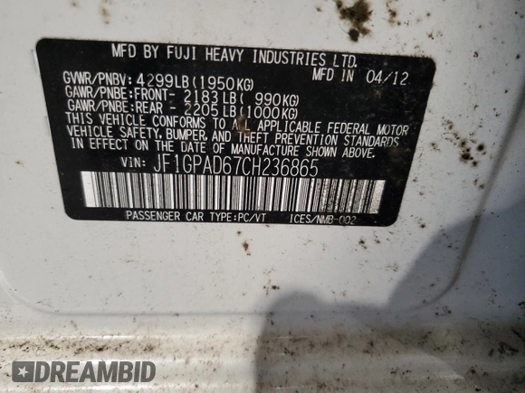 2012 Subaru Impreza Premium with VIN JF1GPAD67CH236865, listed as a Copart auction lot 56661805 with 144,865 mi miles and Clean title. Bid and sale history available at DreamBid. Image 12.