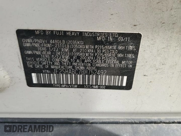 2011 Subaru Forester X with VIN JF2SHABC7BH752492, listed as a Copart auction lot 49444075 with 159,815 mi miles and Salvage Title. Bid and sale history available at DreamBid. Image 14.