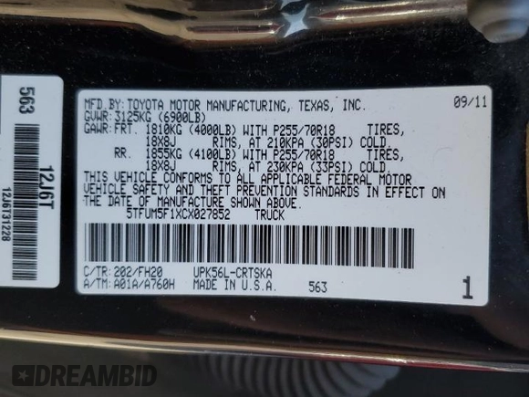 2012 Toyota Tundra z VIN 5TFUM5F1XCX027852, wystawiony jako Copart lot #48555935 z przebiegiem 172 591 mil mil oraz Szkoda całkowita • Salvage title. Historia ofert i sprzedaży dostępna na DreamBid. Obrazek 14.