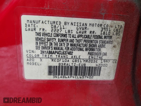 2012 Nissan Sentra 2.0 z VIN 3N1AB6AP4CL637402, wystawiony jako Copart lot #56153495 z przebiegiem 185 873 mil mil oraz Szkoda całkowita • Salvage title. Historia ofert i sprzedaży dostępna na DreamBid. Obrazek 13.