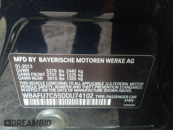 2013 BMW 5 Series 535i xDrive with VIN WBAFU7C55DDU74102, listed as a IAAI auction lot 38809007 with 89,663 mi miles and . Bid and sale history available at carsss.com. Image 9.