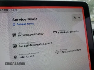 2020 Tesla Model Y Long Range with VIN 5YJYGDEE0LF045391, listed as a Copart auction lot 45642765 with 53,964 mi miles and Salvage Title. Bid and sale history available at DreamBid. Image 9.