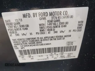 2014 Ford Explorer XLT with VIN 1FM5K8D8XEGB33891, listed as a IAAI auction lot 42143059 with 180,255 mi miles and . Bid and sale history available at carsss.com. Image 9.