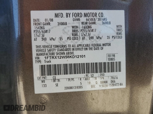 2008 Ford F-150 STX with VIN 1FTRX12W58KD12101, listed as a Copart auction lot 50467205 with 154,784 mi miles and Salvage Title. Bid and sale history available at carsss.com. Image 12.