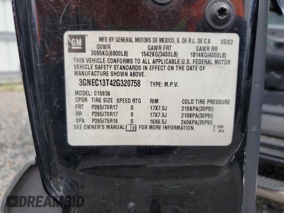 2002 Chevrolet Avalanche with VIN 3GNEC13T42G320758, listed as a Copart auction lot 58986625 with Not provided miles and Salvage title. Bid and sale history available at DreamBid. Image 13.