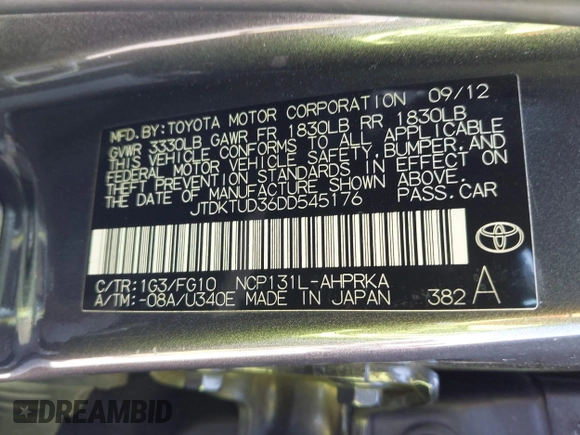 2013 Toyota Yaris L with VIN JTDKTUD36DD545176, listed as a IAAI auction lot 41953993 with 108,626 mi miles. Bid and sale history available at carsss.com. Image 9.