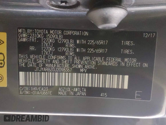2018 Lexus NX 300 with VIN JTJYARBZ0J2098367, listed as a IAAI auction lot 41935623 with 95,345 mi miles and . Bid and sale history available at DreamBid. Image 9.