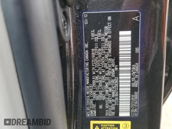 2012 Lexus RX 350 with VIN 2T2ZK1BA7CC083803, listed as a Copart auction lot 58157925 with 110,048 mi miles and Salvage title. Bid and sale history available at DreamBid. Image 12.