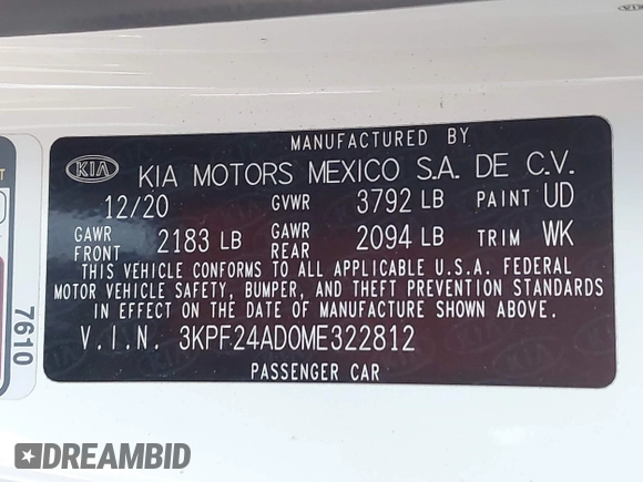 2021 Kia Forte LXS with VIN 3KPF24AD0ME322812, listed as a IAAI auction lot 42317017 with 86,216 mi miles and . Bid and sale history available at DreamBid. Image 9.