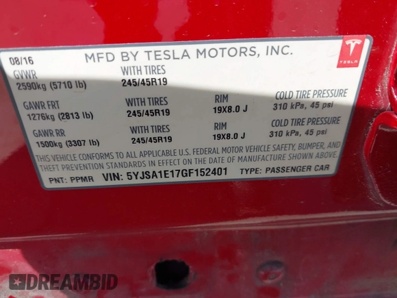 2016 Tesla Model S 70 with VIN 5YJSA1E17GF152401, listed as a IAAI auction lot 42272384 with 65,698 mi miles and . Bid and sale history available at DreamBid. Image 9.
