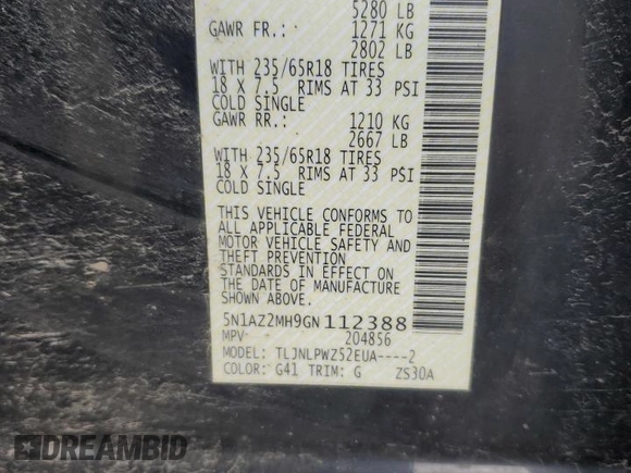 2016 Nissan Murano S with VIN 5N1AZ2MH9GN112388, listed as a Copart auction lot 53969355 with 130,875 mi miles and Salvage Title. Bid and sale history available at carsss.com. Image 13.