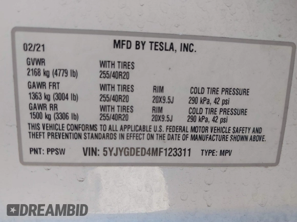 2021 Tesla Model Y Standard Range z VIN 5YJYGDED4MF123311, wystawiony jako IAAI lot #41200519 z przebiegiem 70 190 mil mil oraz . Historia ofert i sprzedaży dostępna na DreamBid. Obrazek 9.