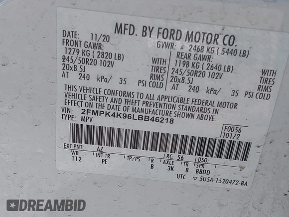 2020 Ford Edge Titanium z VIN 2FMPK4K96LBB46218, wystawiony jako IAAI lot #42750160 z przebiegiem 56 720 mil mil oraz . Historia ofert i sprzedaży dostępna na DreamBid. Obrazek 9.